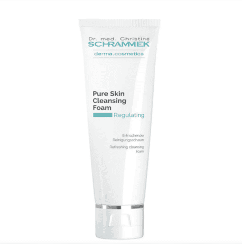 A tube of Dr. med. Christine Schrammek Pure Skin Cleansing Foam Regulating skincare product is centered against a clean white background.