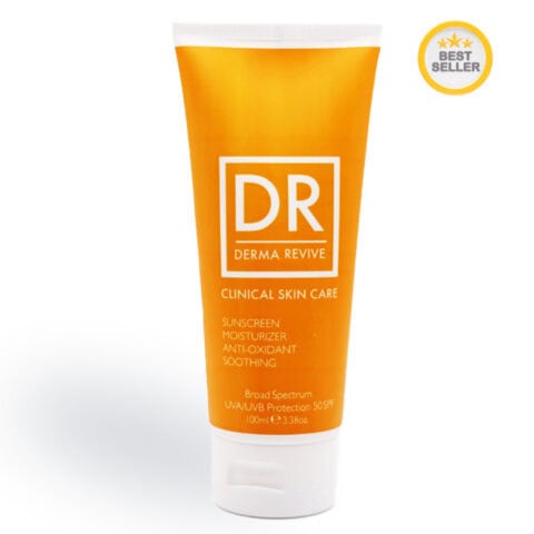 An orange and white tube labeled "DR DERMA REVIVE" stands against a plain white background with a yellow "BEST SELLER" seal in the top right.
