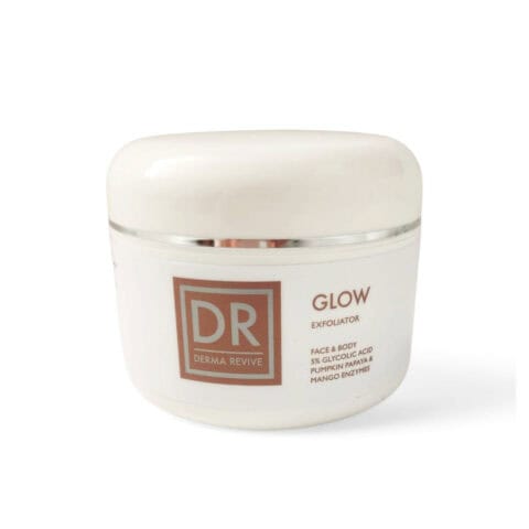 A white jar centered on a white background features a front label with the text "DR DERMA REVIVE" and "GLOW EXFOLIATOR FACE & BODY.