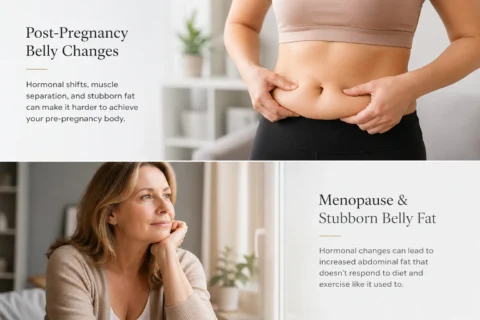 A woman holding the skin on her abdomen with both hands, gently pinching the belly area.